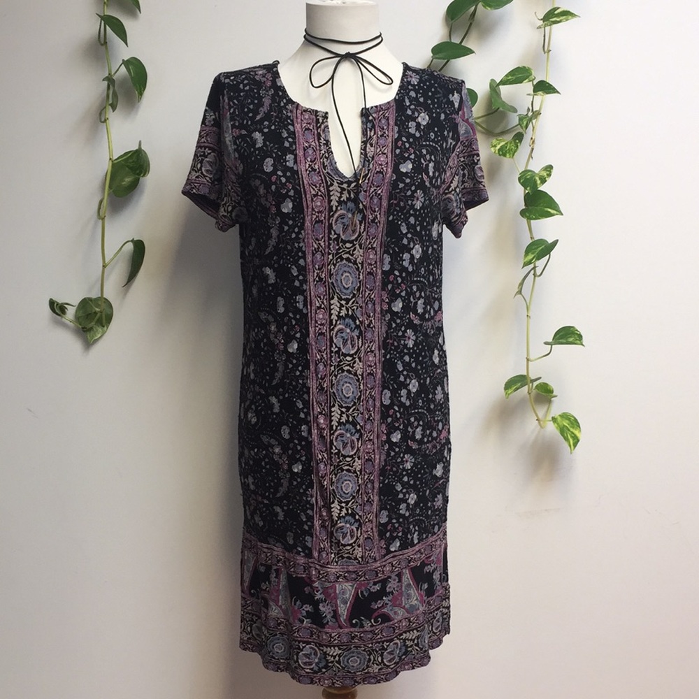 Lucky Brand Navy Purple Mini Dress Paisley Boho Tunic Stretch Pockets